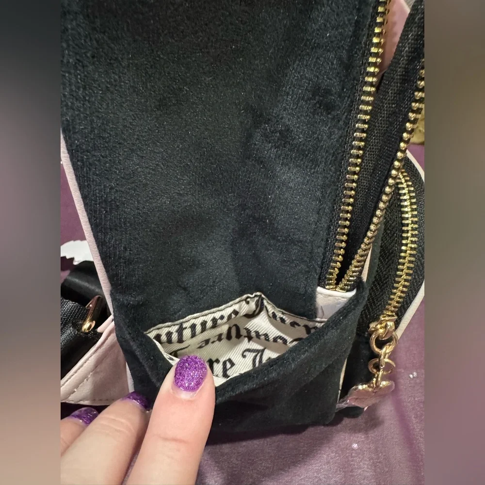 Juicy Couture Black and Light Pink Velvet Mini Backpack with Heart Charm - Picture 10 of 11